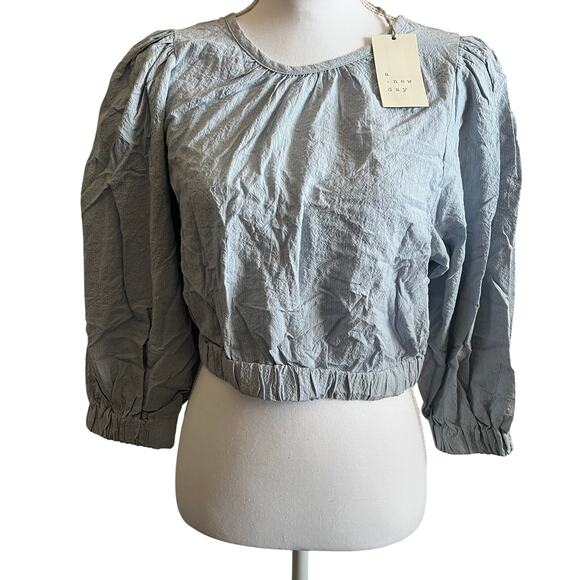 A New Day Women's Light Blue Striped Bubble Hem Top - Size Medium - NWT - Picture 1 of 8